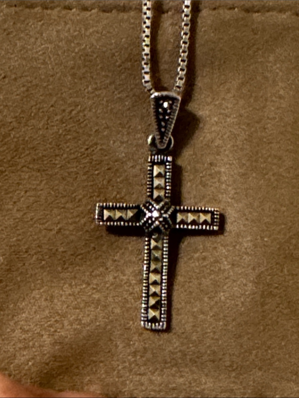 Sterling silver marcasite cross pendant sterling box chain. Italy 925 on chain